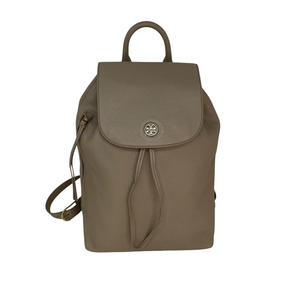 TORY BURCH Backpack Taupe Brown Leather Flap Top Drawstring Adjustable Straps